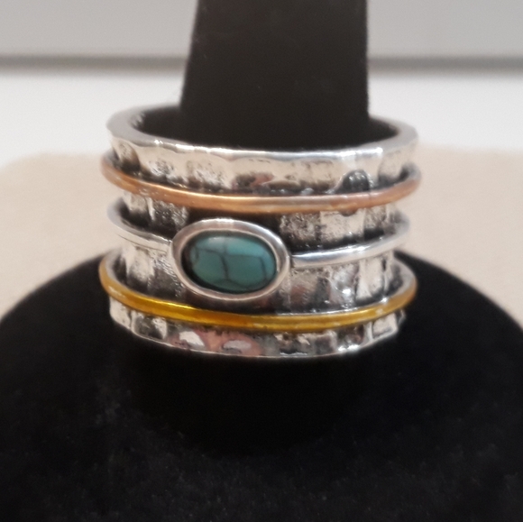 Stacked Sterling Silver/Hammered Turquoise Band Ring (6, 7, 8, 9, 10, 11) - Picture 6 of 7